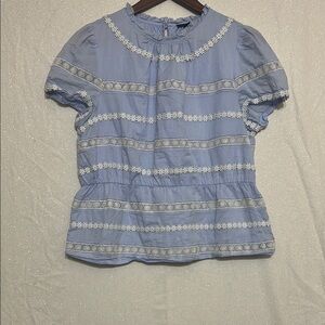 J. Crew Soft Sky Blue Cotton Lace-Trim Peplum Blouse